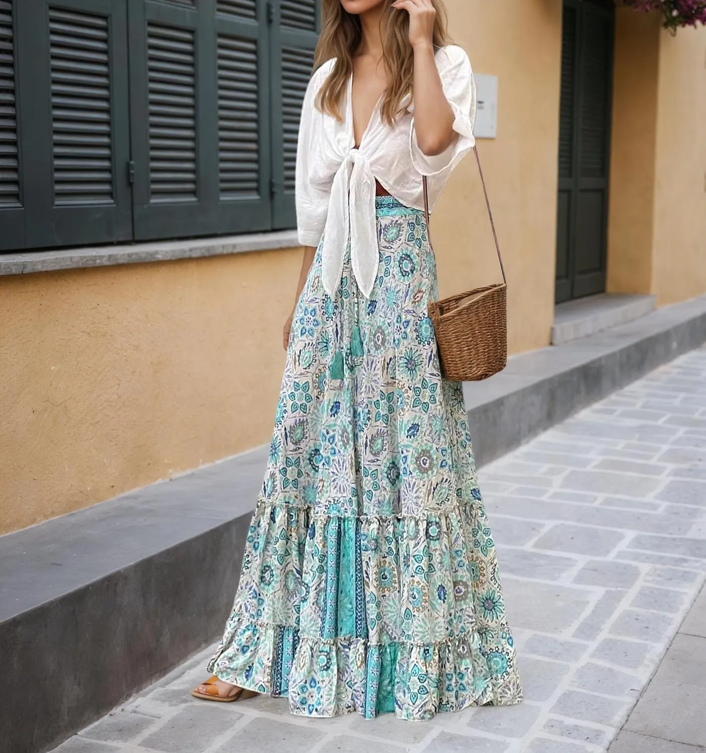TIAFORD Womens Boho Floral Print Maxi Skirt Summer Pleated Ruffle Elastic Waist Beach Long Skirts