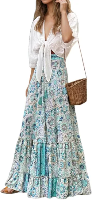 TIAFORD Womens Boho Floral Print Maxi Skirt Summer Pleated Ruffle Elastic Waist Beach Long Skirts