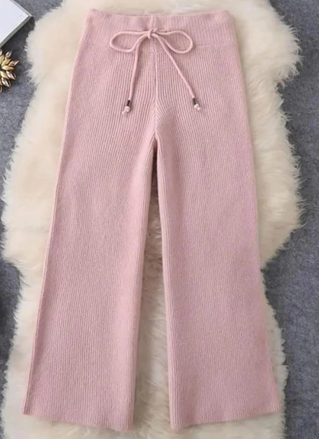 Two Piece Sets For Women Sweet Solid Knitted Mock Neck Long Sleeve Top Drawsrting Wide Leg Pants Loungewear Matching Set