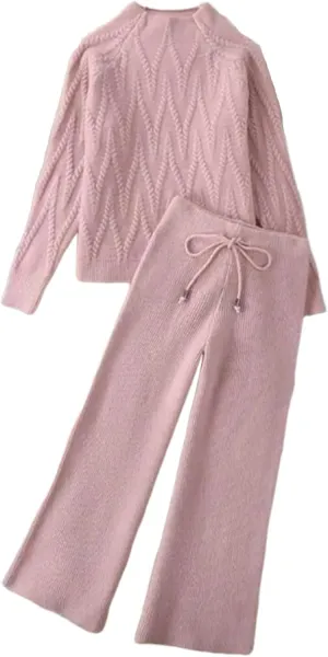 Two Piece Sets For Women Sweet Solid Knitted Mock Neck Long Sleeve Top Drawsrting Wide Leg Pants Loungewear Matching Set