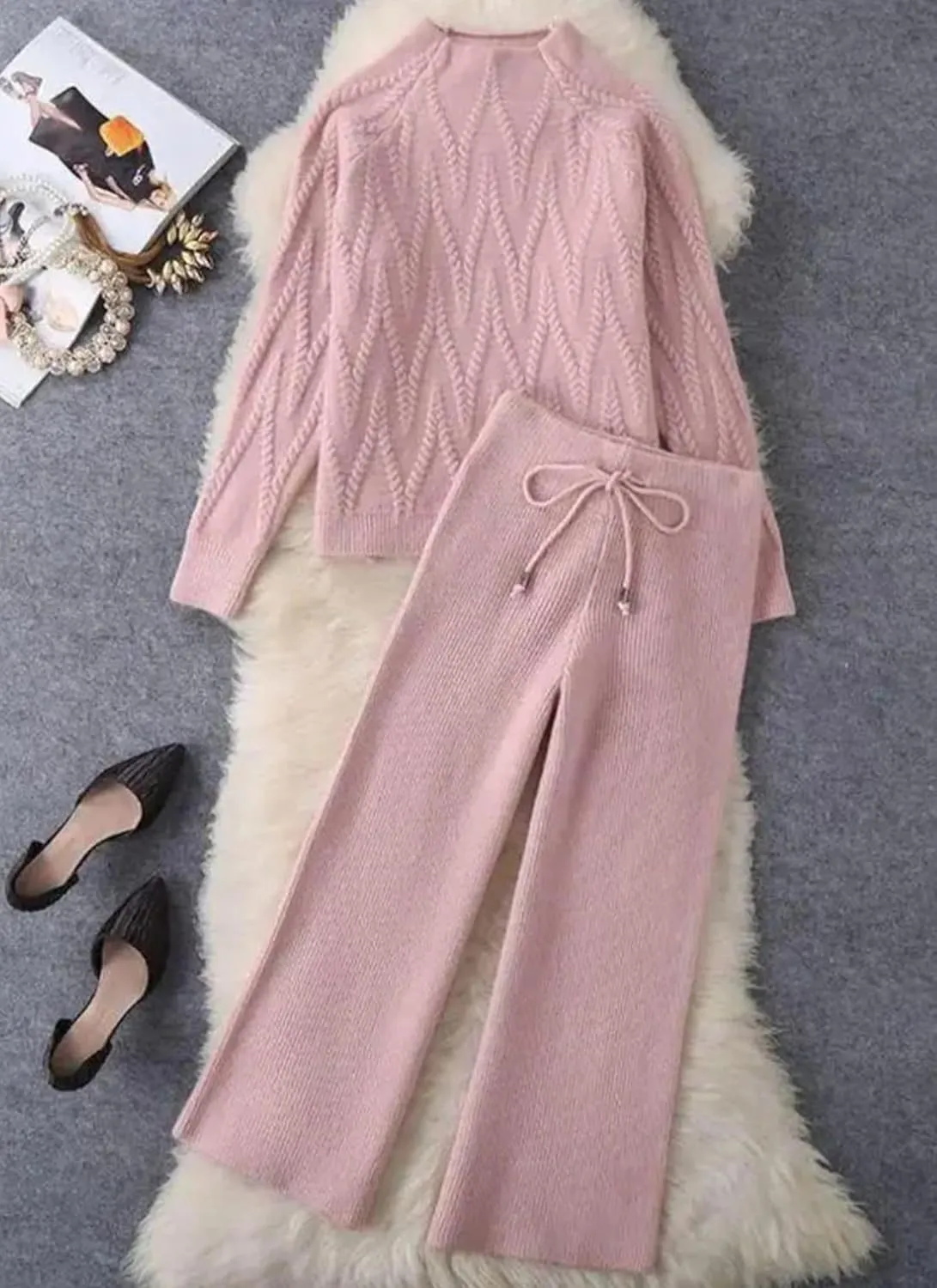 Two Piece Sets For Women Sweet Solid Knitted Mock Neck Long Sleeve Top Drawsrting Wide Leg Pants Loungewear Matching Set