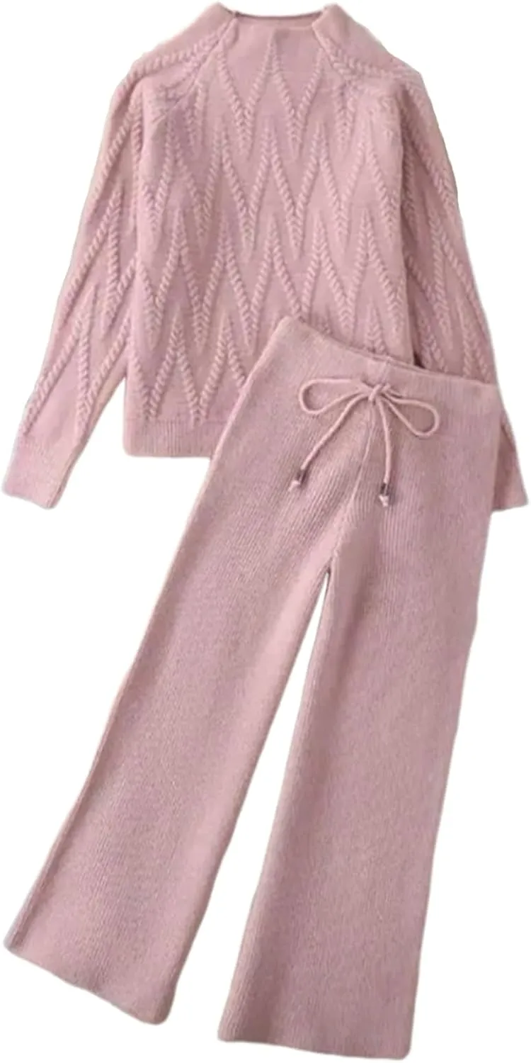 Two Piece Sets For Women Sweet Solid Knitted Mock Neck Long Sleeve Top Drawsrting Wide Leg Pants Loungewear Matching Set
