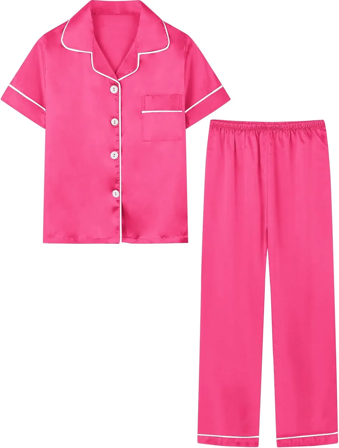 Umeyda Girls Womens Pajamas Set, Satin Silky Button Down Loungewear 2 Piece Short Sleeve Pants PJS Sets for Mommy Kids