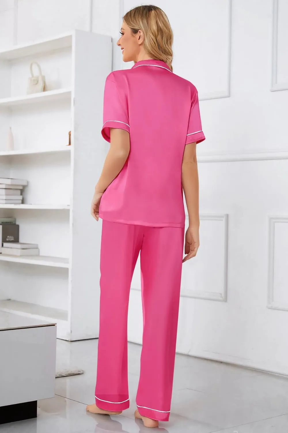 Umeyda Girls Womens Pajamas Set, Satin Silky Button Down Loungewear 2 Piece Short Sleeve Pants PJS Sets for Mommy Kids