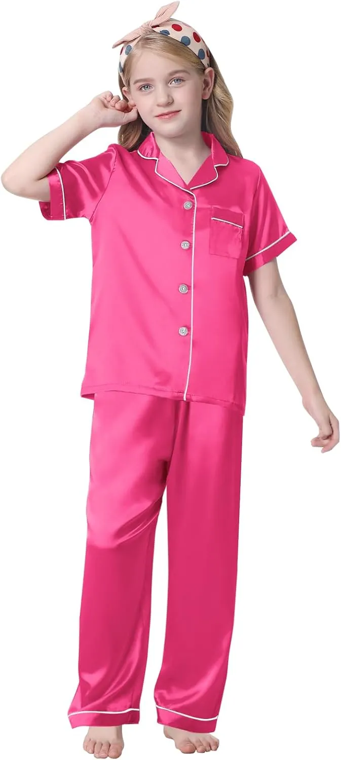 Umeyda Girls Womens Pajamas Set, Satin Silky Button Down Loungewear 2 Piece Short Sleeve Pants PJS Sets for Mommy Kids