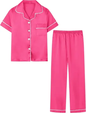 Umeyda Girls Womens Pajamas Set, Satin Silky Button Down Loungewear 2 Piece Short Sleeve Pants PJS Sets for Mommy Kids
