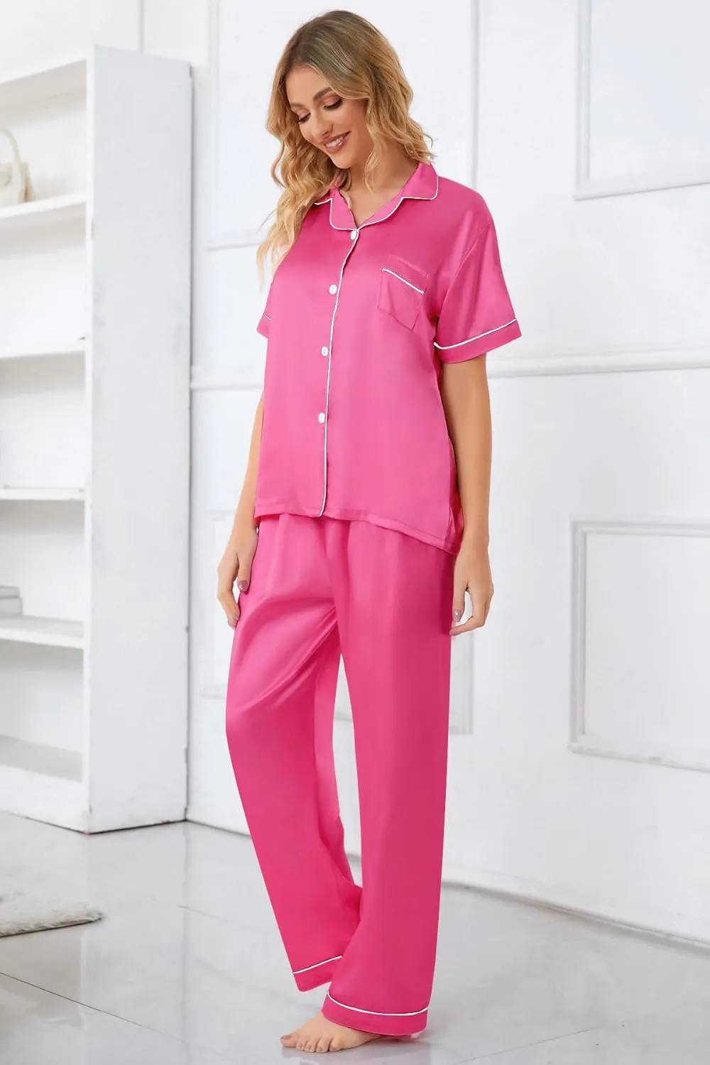 Umeyda Girls Womens Pajamas Set, Satin Silky Button Down Loungewear 2 Piece Short Sleeve Pants PJS Sets for Mommy Kids
