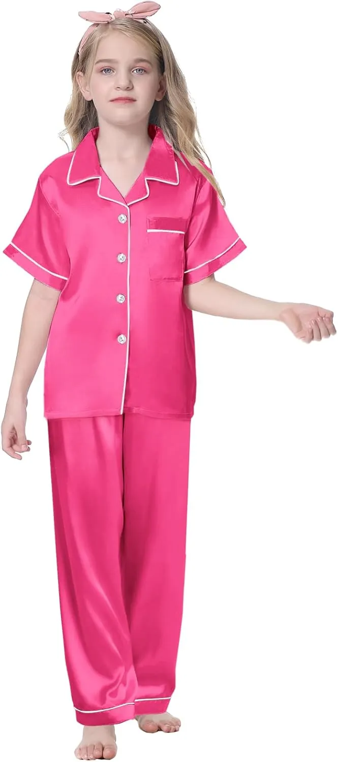 Umeyda Girls Womens Pajamas Set, Satin Silky Button Down Loungewear 2 Piece Short Sleeve Pants PJS Sets for Mommy Kids