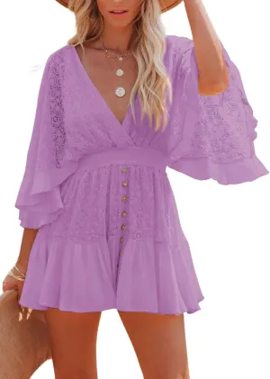 utcoco Womens 2025 Summer Beach Boho Mini Dress Flared Sleeve V Neck Hollow Out Lace Flowy A Line Dress