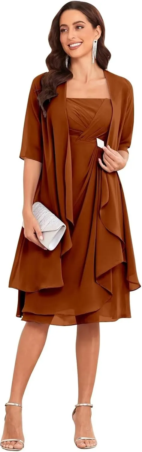 VCCICANY 2 Pieces Chiffon Mother of The Bride Dresses with Jacket Ruffle Short Formal Evening Party Gown