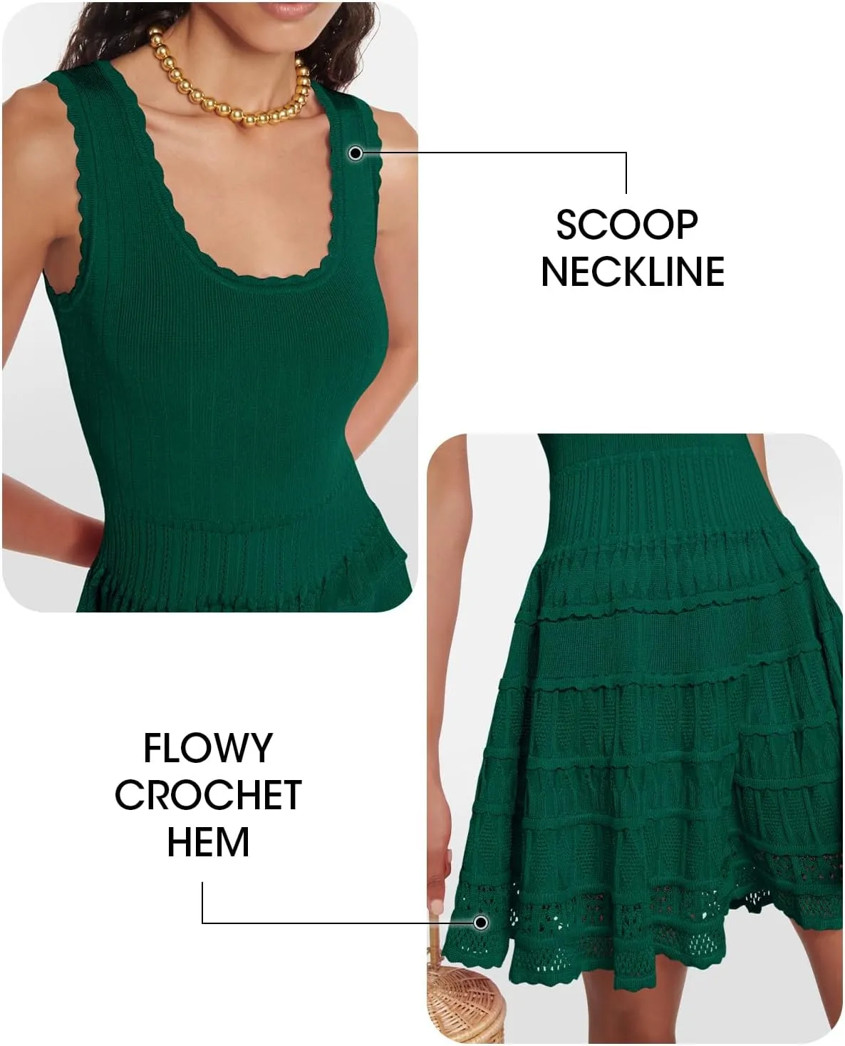 Wenrine Women's Summer Mini Dresses Sleeveless Knitted Crew Neck Casual Crochet Hem Slim Cute Tank Dress