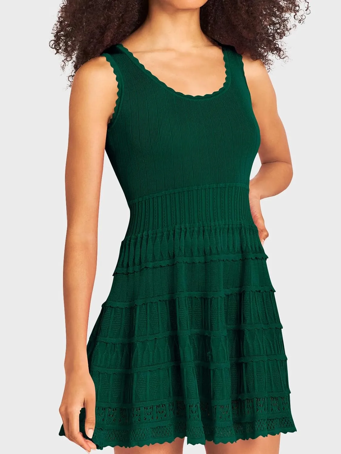 Wenrine Women's Summer Mini Dresses Sleeveless Knitted Crew Neck Casual Crochet Hem Slim Cute Tank Dress