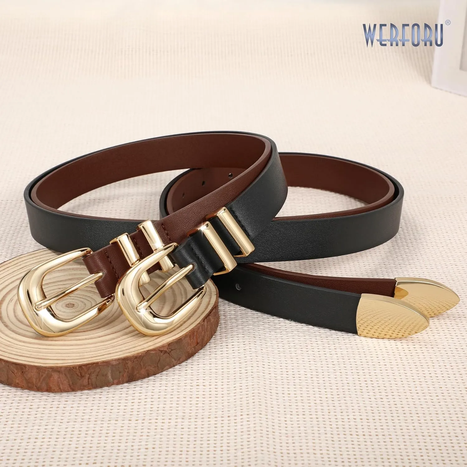 WERFORU 2 Pack Women Leather Belt Fashion Leather Waist Belt for Pants Jean Ladies Western Belt with Gold/Silver Buckle-