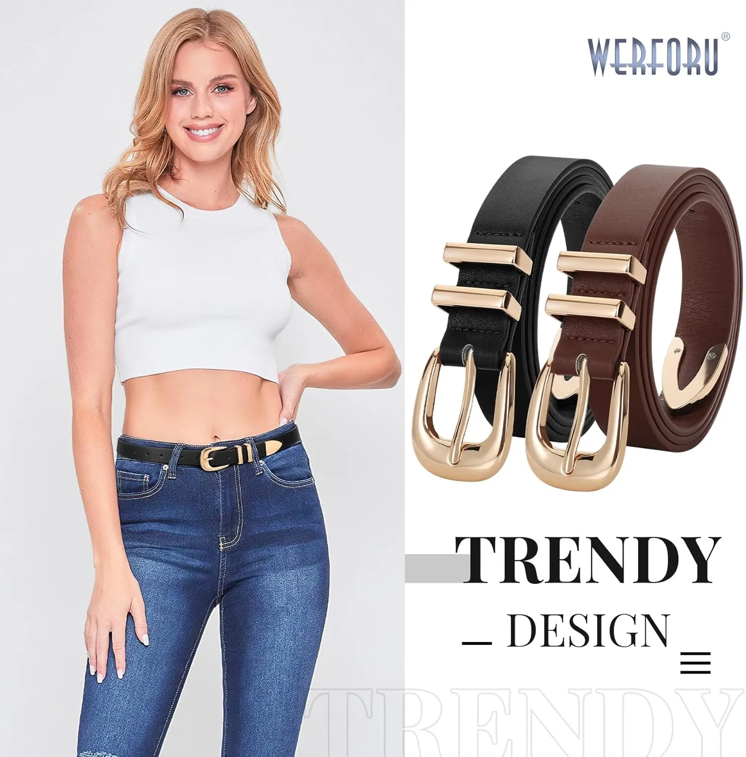 WERFORU 2 Pack Women Leather Belt Fashion Leather Waist Belt for Pants Jean Ladies Western Belt with Gold/Silver Buckle-