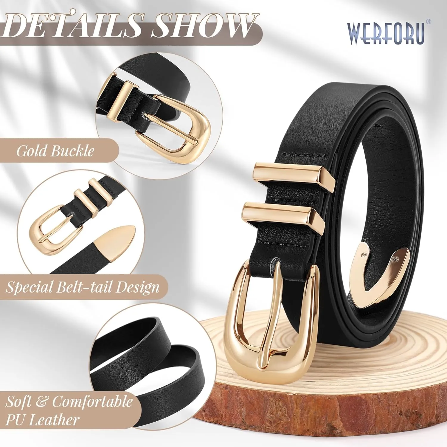 WERFORU 2 Pack Women Leather Belt Fashion Leather Waist Belt for Pants Jean Ladies Western Belt with Gold/Silver Buckle-