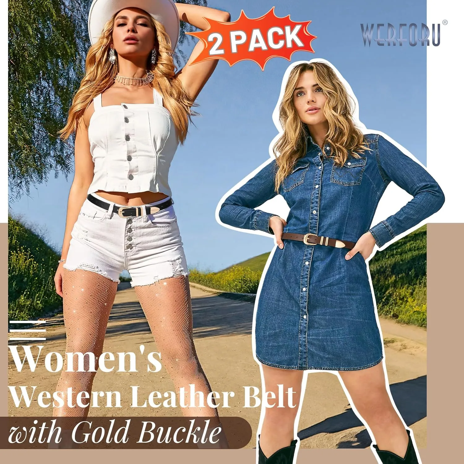 WERFORU 2 Pack Women Leather Belt Fashion Leather Waist Belt for Pants Jean Ladies Western Belt with Gold/Silver Buckle-