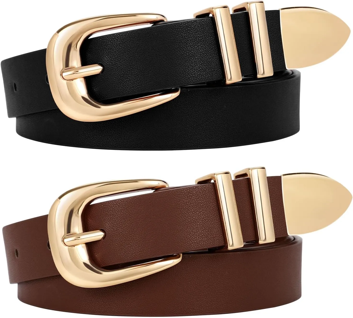 WERFORU 2 Pack Women Leather Belt Fashion Leather Waist Belt for Pants Jean Ladies Western Belt with Gold/Silver Buckle-