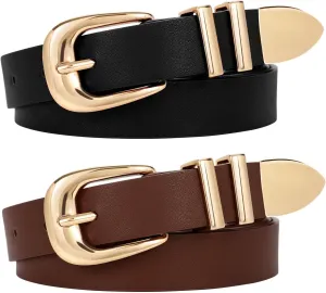 WERFORU 2 Pack Women Leather Belt Fashion Leather Waist Belt for Pants Jean Ladies Western Belt with Gold/Silver Buckle-