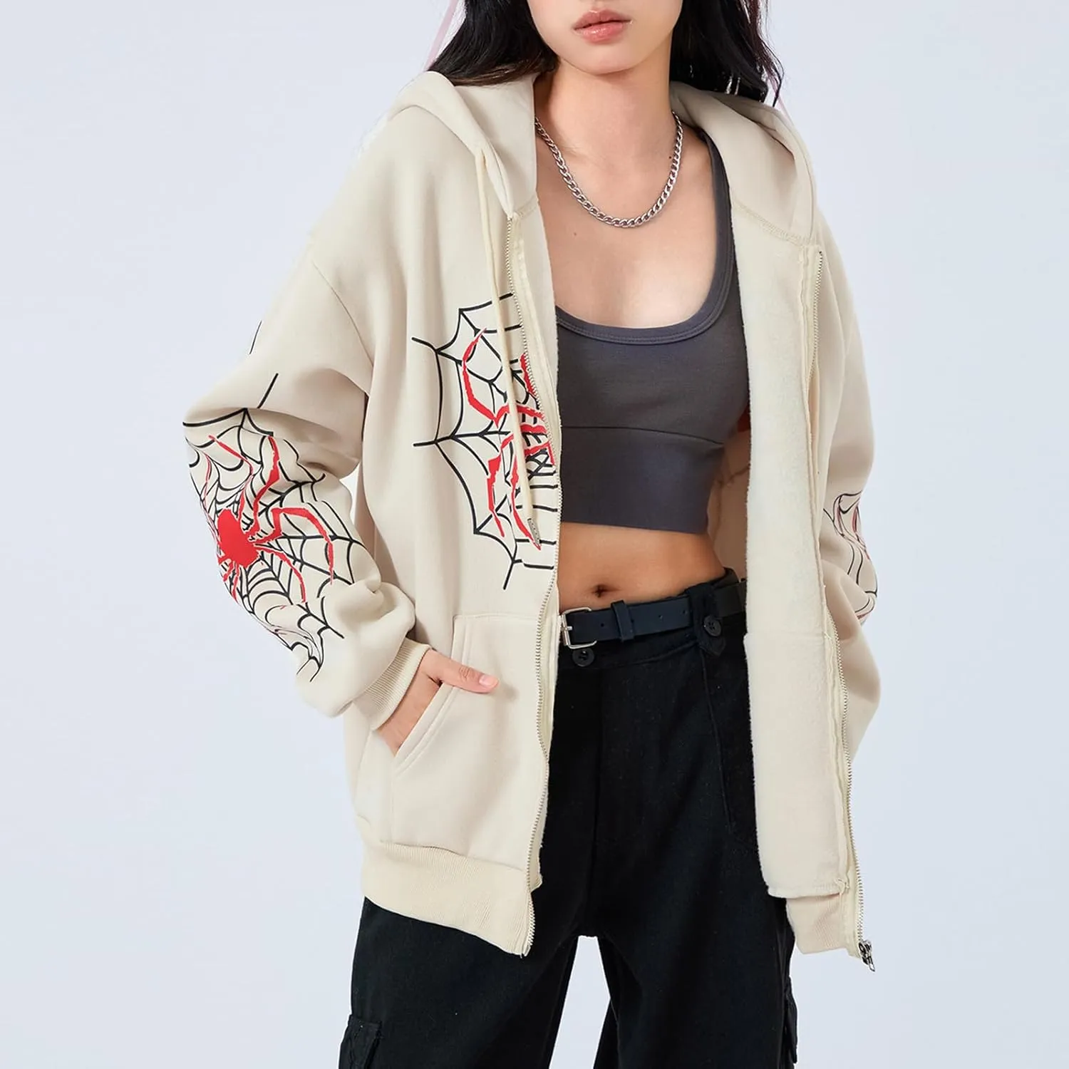 Winioder Women Y2K Spider Zip Up Hoodie Jacket Punk Goth Grunge Aesthetic Oversized Hoodies Vintage Graphic Sweatshirt