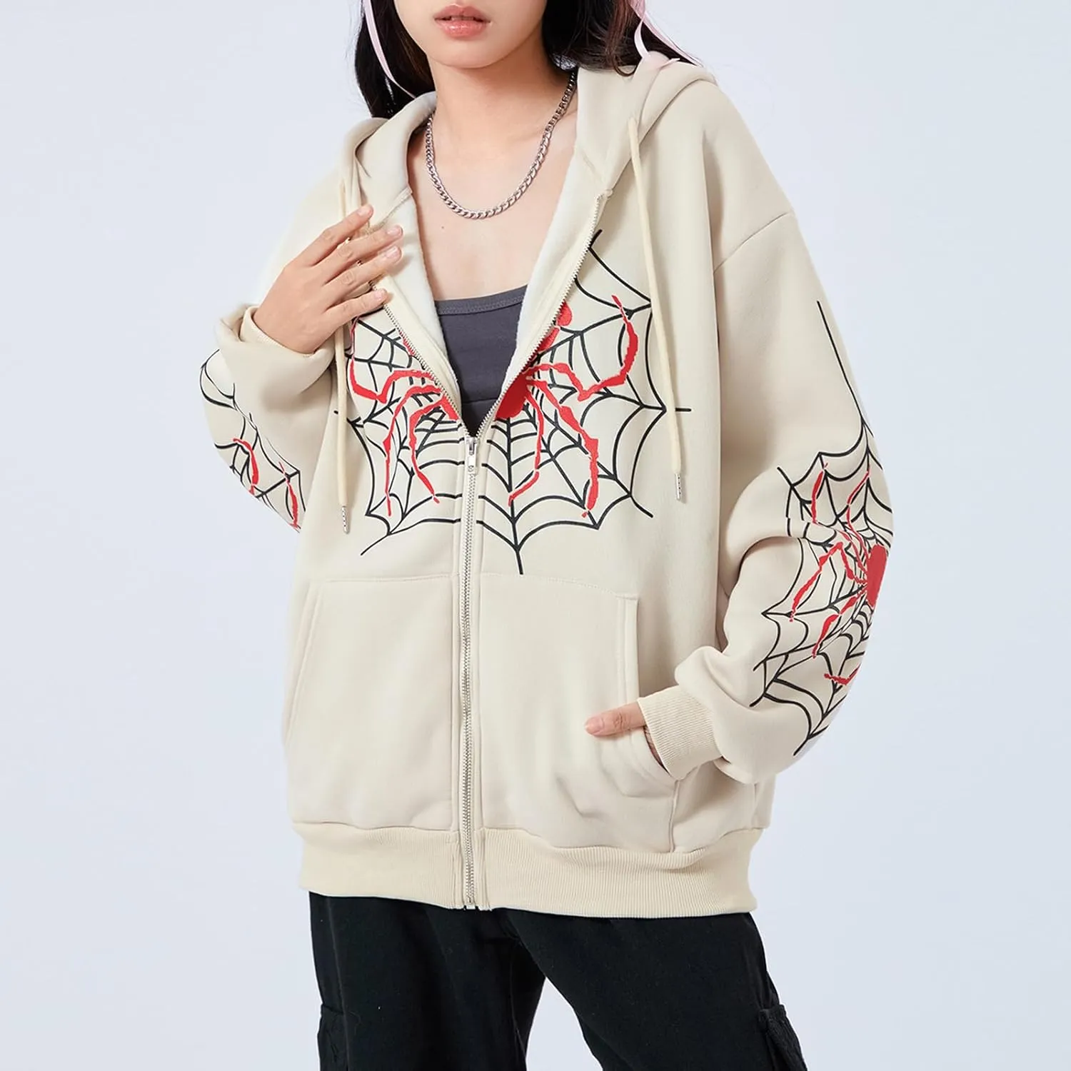 Winioder Women Y2K Spider Zip Up Hoodie Jacket Punk Goth Grunge Aesthetic Oversized Hoodies Vintage Graphic Sweatshirt