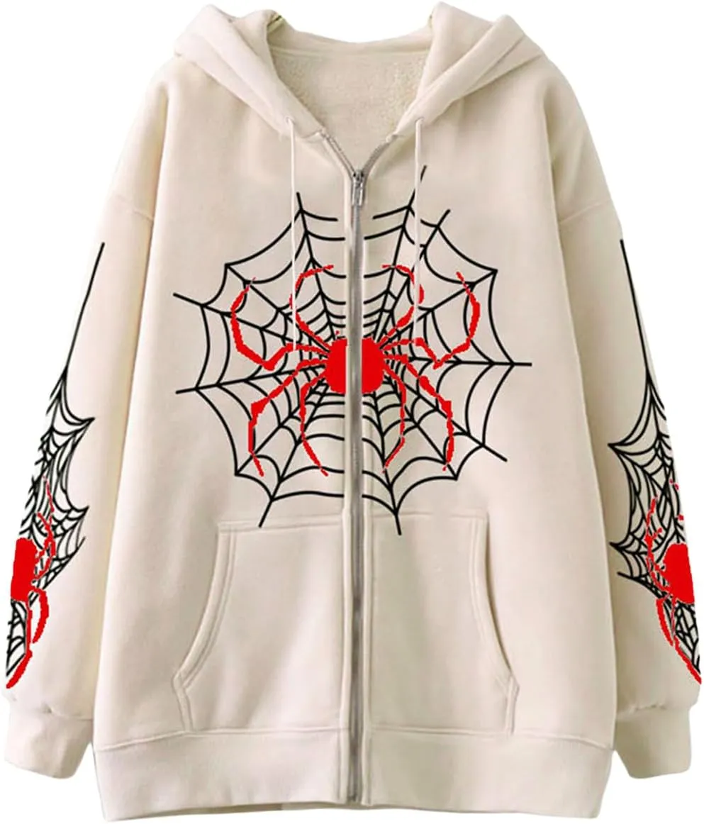 Winioder Women Y2K Spider Zip Up Hoodie Jacket Punk Goth Grunge Aesthetic Oversized Hoodies Vintage Graphic Sweatshirt