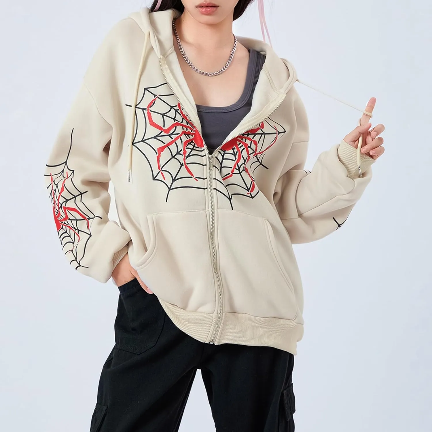 Winioder Women Y2K Spider Zip Up Hoodie Jacket Punk Goth Grunge Aesthetic Oversized Hoodies Vintage Graphic Sweatshirt