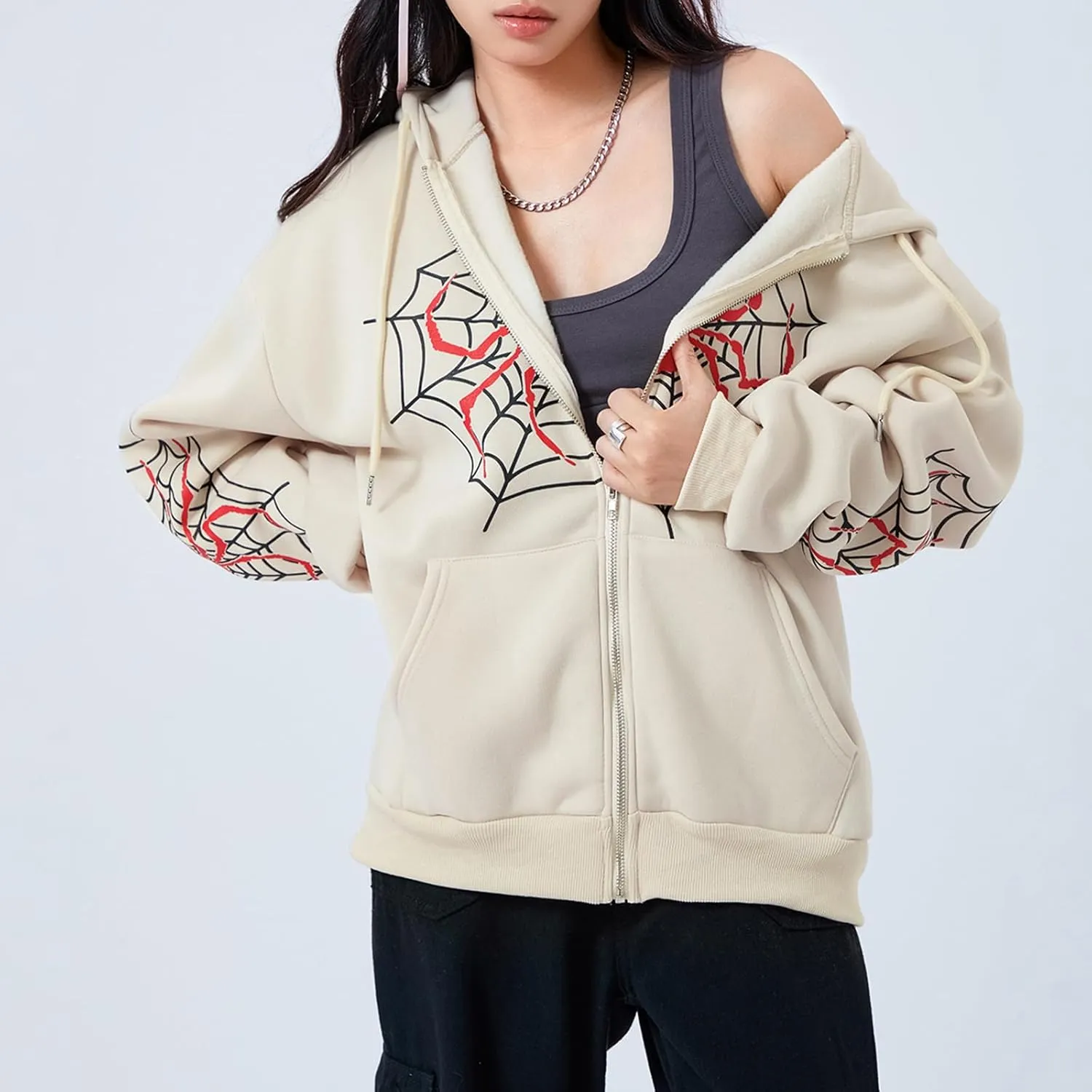 Winioder Women Y2K Spider Zip Up Hoodie Jacket Punk Goth Grunge Aesthetic Oversized Hoodies Vintage Graphic Sweatshirt