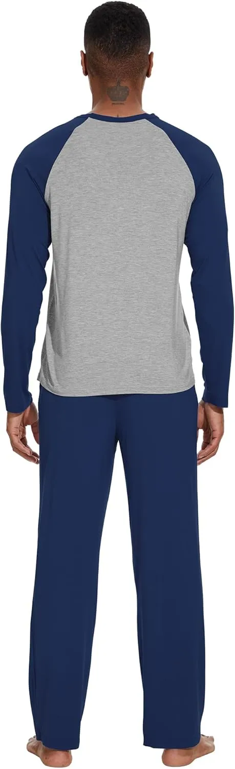 WiWi Mens Pajamas Set Viscose from Bamboo Long Sleeve Sleepwear Knit Nightwear 2 Pieces Loungewear Sets with Pants S-XXL