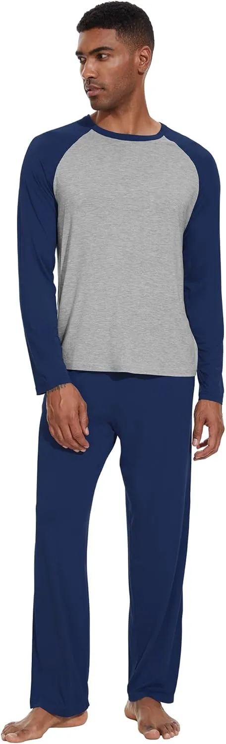 WiWi Mens Pajamas Set Viscose from Bamboo Long Sleeve Sleepwear Knit Nightwear 2 Pieces Loungewear Sets with Pants S-XXL
