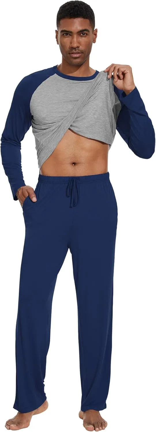 WiWi Mens Pajamas Set Viscose from Bamboo Long Sleeve Sleepwear Knit Nightwear 2 Pieces Loungewear Sets with Pants S-XXL