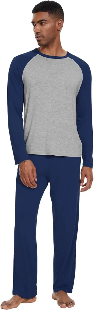 WiWi Mens Pajamas Set Viscose from Bamboo Long Sleeve Sleepwear Knit Nightwear 2 Pieces Loungewear Sets with Pants S-XXL