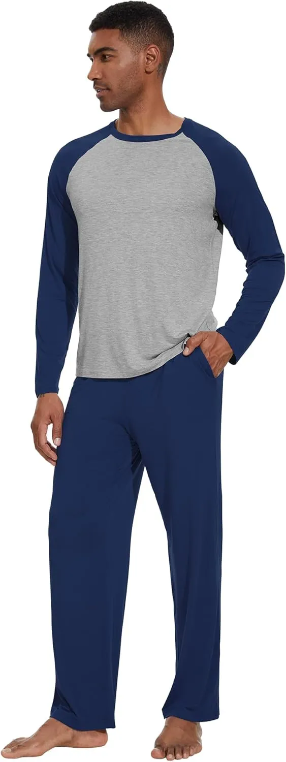 WiWi Mens Pajamas Set Viscose from Bamboo Long Sleeve Sleepwear Knit Nightwear 2 Pieces Loungewear Sets with Pants S-XXL