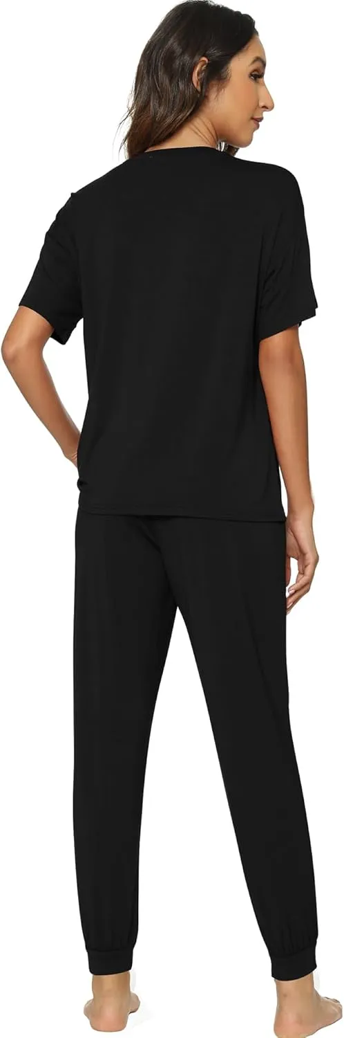 WiWi Viscose from Bamboo Pajamas Set for Women Short Sleeve Loungewear 2 Piece Outfit Long Pants Jogger Sets Pjs S-XXL