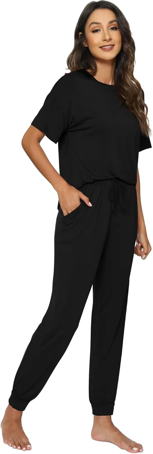 WiWi Viscose from Bamboo Pajamas Set for Women Short Sleeve Loungewear 2 Piece Outfit Long Pants Jogger Sets Pjs S-XXL