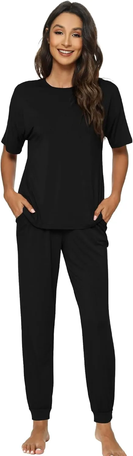 WiWi Viscose from Bamboo Pajamas Set for Women Short Sleeve Loungewear 2 Piece Outfit Long Pants Jogger Sets Pjs S-XXL
