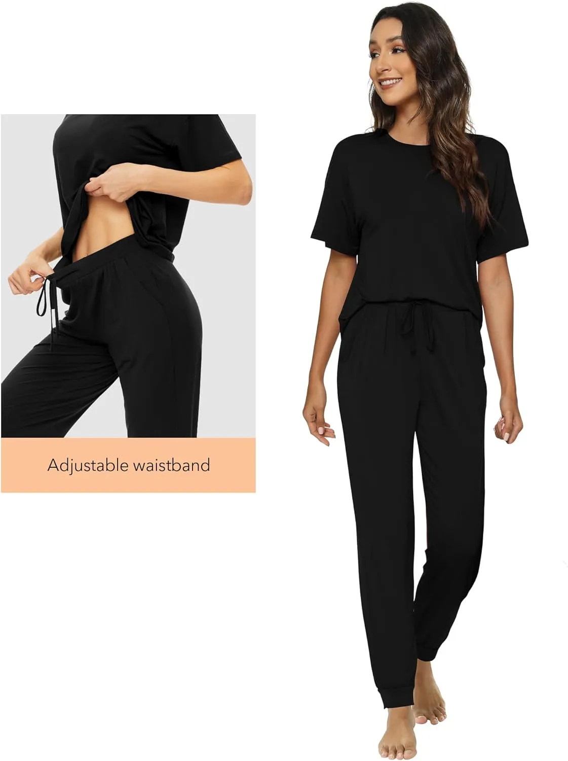 WiWi Viscose from Bamboo Pajamas Set for Women Short Sleeve Loungewear 2 Piece Outfit Long Pants Jogger Sets Pjs S-XXL