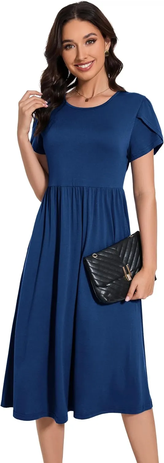 Women 2025 Summer Crewneck Ruffle Sleeve Midi Dress Casual Polka Dot Boho Long Dress Beach Sundress with Pockets