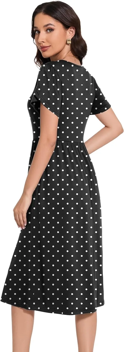 Women 2025 Summer Crewneck Ruffle Sleeve Midi Dress Casual Polka Dot Boho Long Dress Beach Sundress with Pockets