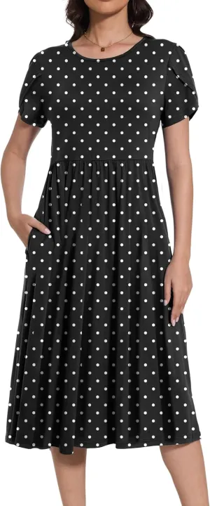 Women 2025 Summer Crewneck Ruffle Sleeve Midi Dress Casual Polka Dot Boho Long Dress Beach Sundress with Pockets