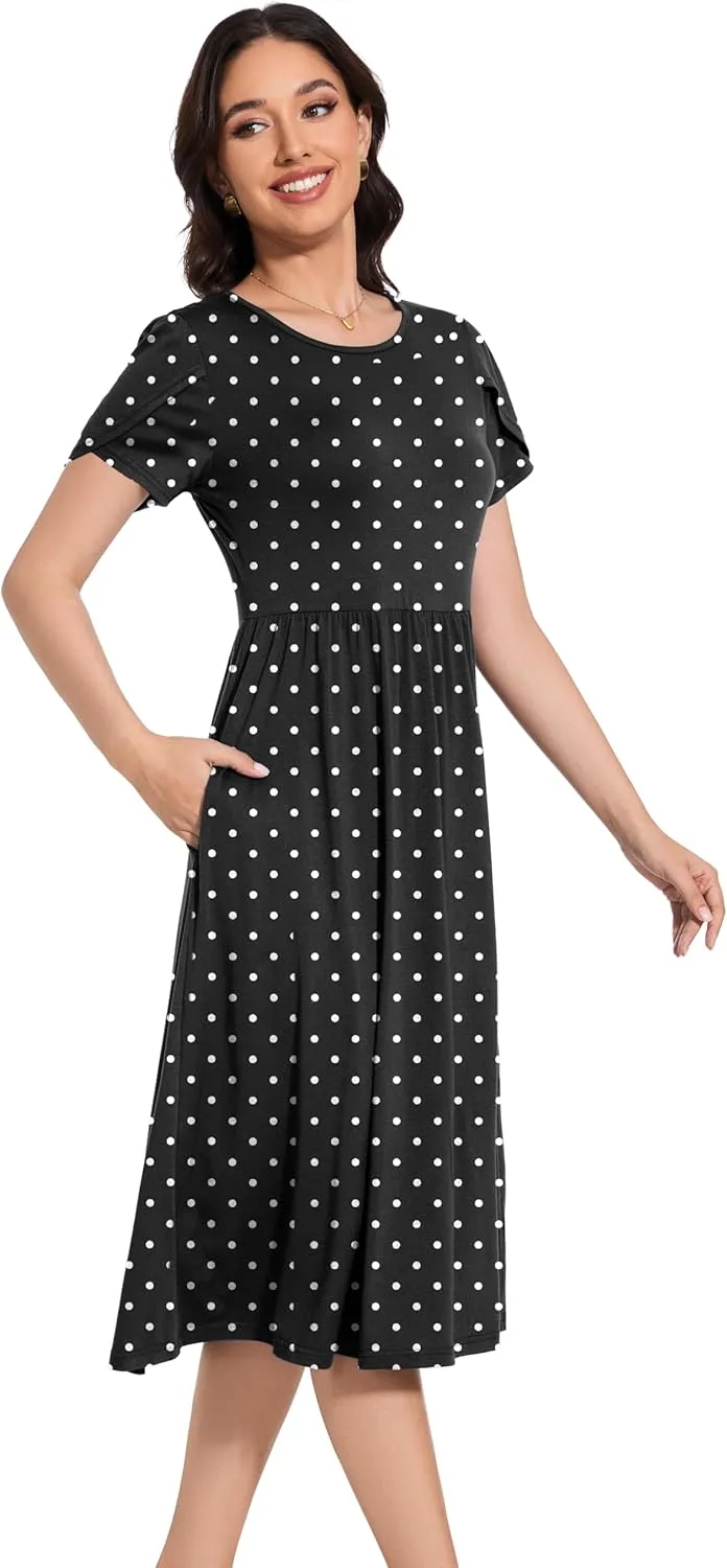 Women 2025 Summer Crewneck Ruffle Sleeve Midi Dress Casual Polka Dot Boho Long Dress Beach Sundress with Pockets