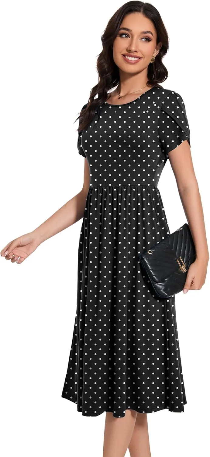 Women 2025 Summer Crewneck Ruffle Sleeve Midi Dress Casual Polka Dot Boho Long Dress Beach Sundress with Pockets