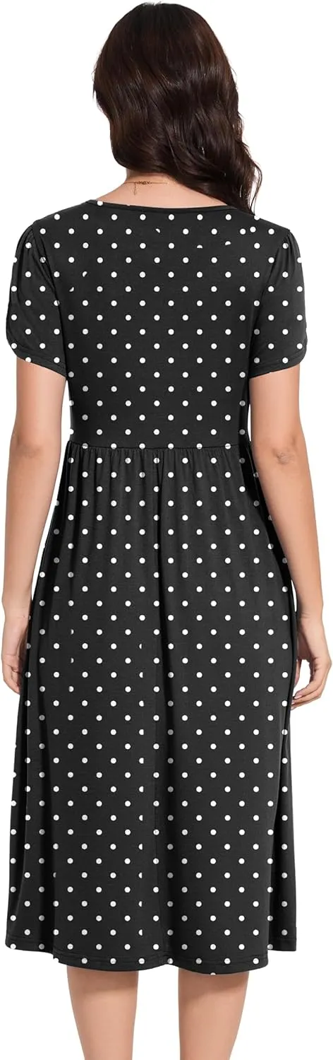 Women 2025 Summer Crewneck Ruffle Sleeve Midi Dress Casual Polka Dot Boho Long Dress Beach Sundress with Pockets