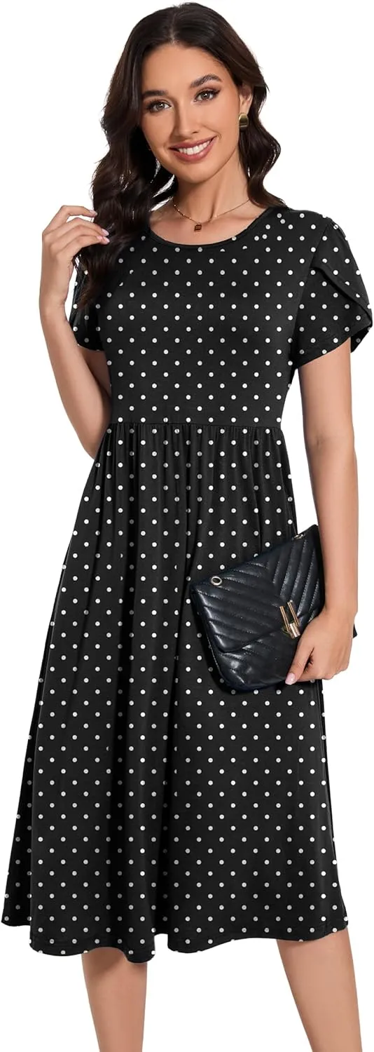 Women 2025 Summer Crewneck Ruffle Sleeve Midi Dress Casual Polka Dot Boho Long Dress Beach Sundress with Pockets