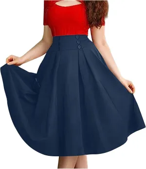 Women A-Line Flared Swing Skirt Midi High Waist Skirts Vintage Party Half Dress Pleated Swing Mid Calf Skirts