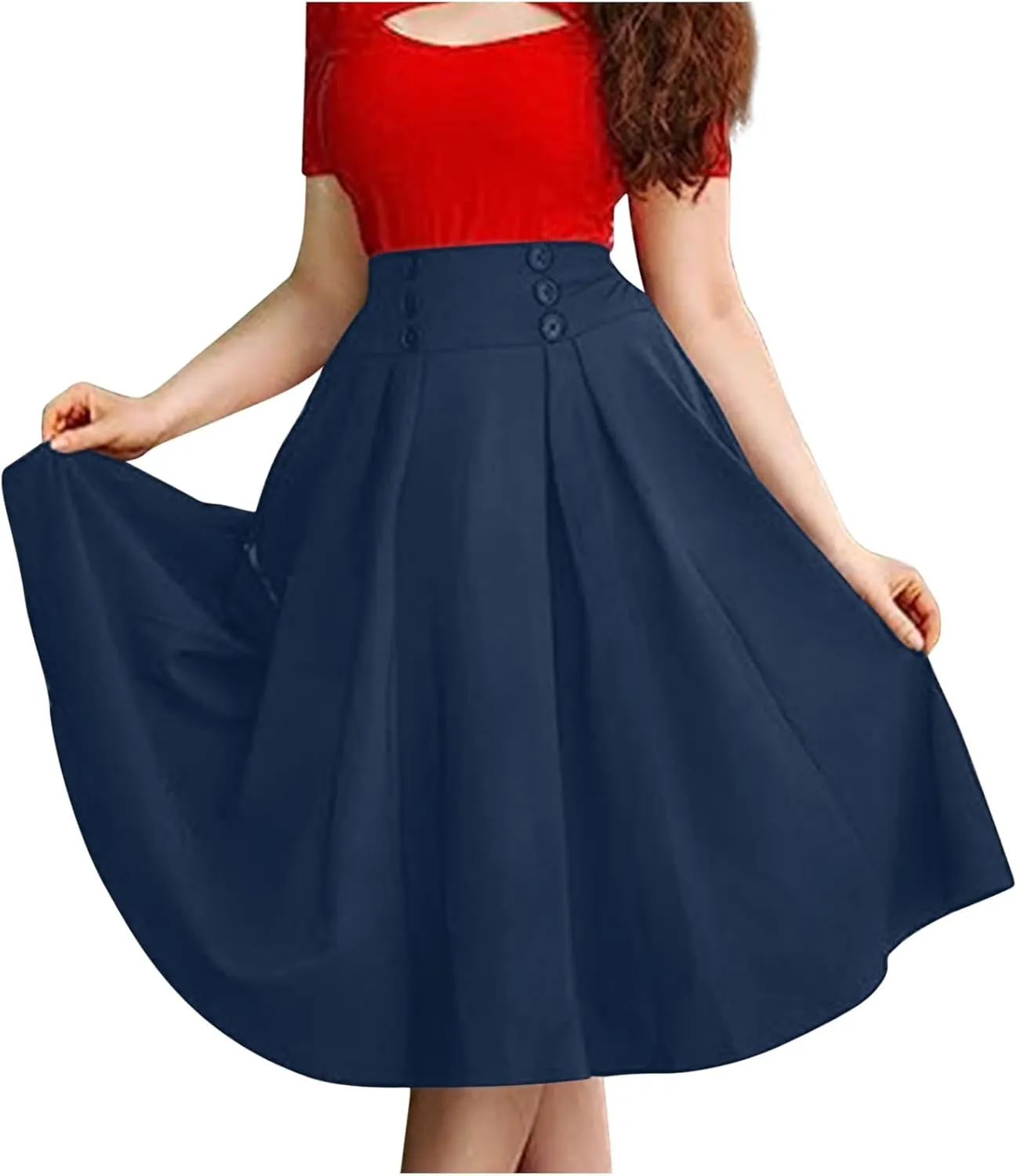 Women A-Line Flared Swing Skirt Midi High Waist Skirts Vintage Party Half Dress Pleated Swing Mid Calf Skirts