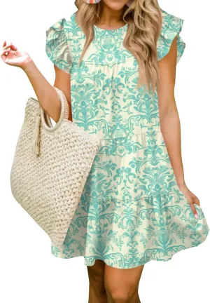 Women Babydoll Summer Casual Crew Neck Ruffle Sleeve Sleeveless Flowy Mini Short Tunic Dress Floral Print Pleated Dress3-Cyan,XX-Large