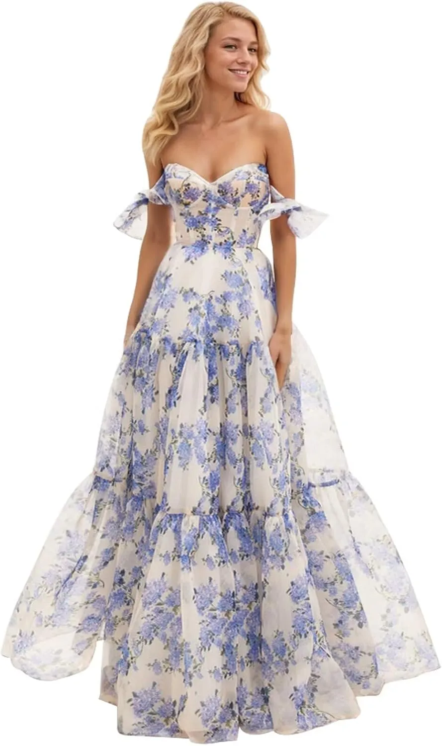 Women Chiffon Floral Print Off Shoulder Prom Dress 2025 Long Ball Gown Formal Dress Sweetheart Evening Gown