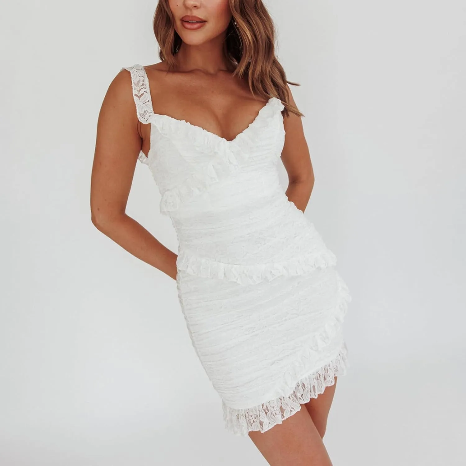 Women Floral Lace Ruffle Frill Bodycon Mini Dress Sleeveless V Neck Crop Sundress Solid Slim Short Hip Dresses