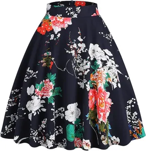 Women Floral Printed Skirt Elastic Waist A-Line Knee Length Skirt Vintage Pleated Midi Skirt