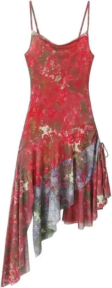 Women Flower Irregular Mesh Sleeveless Dress Slim Asymmetric Ruffles Hem Mini Party Robe